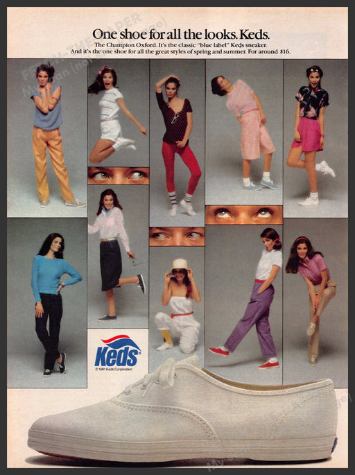 Keds Shoes 1980s Print Advertisement 1981 "One shoe for all the looks" Keds