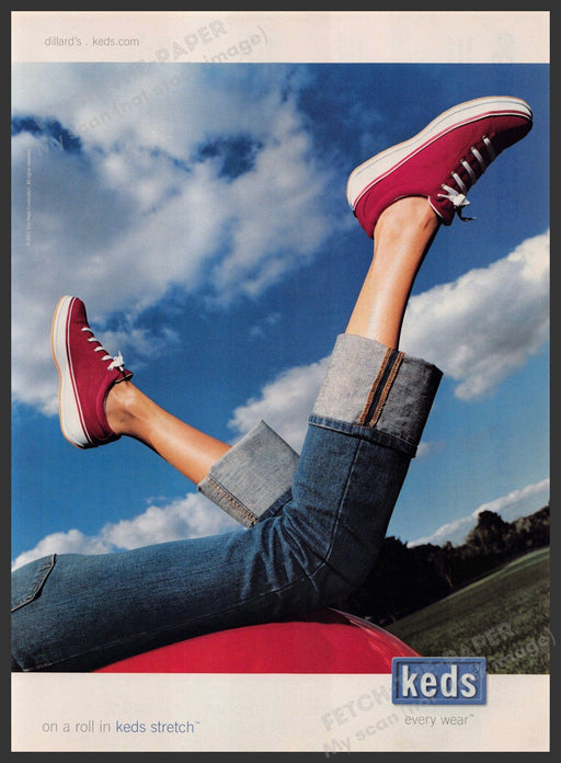 Keds Shoes 2000s Print Advertisement 2001 "On a roll in Keds stretch" Legs Fetch-the-Paper