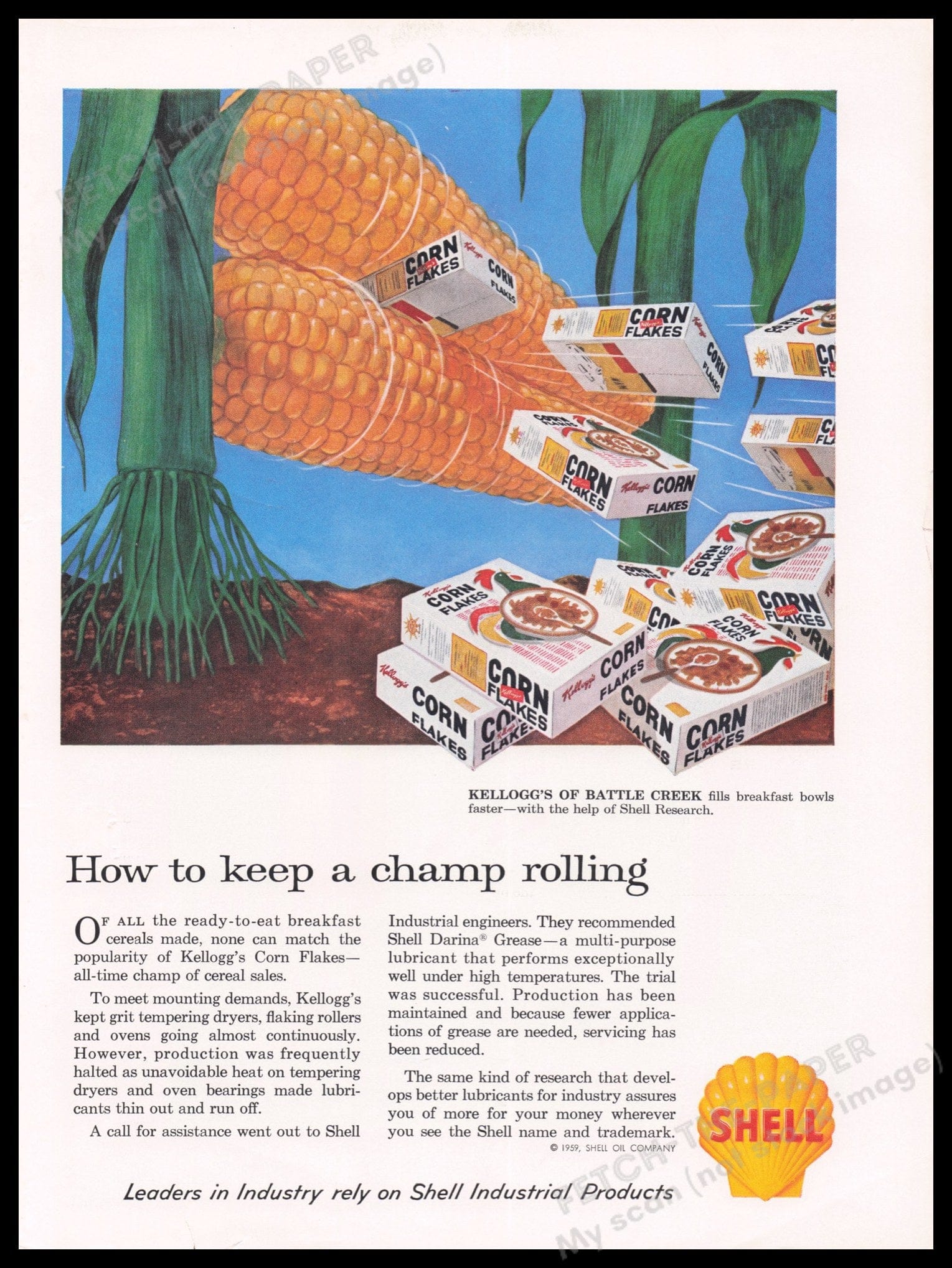 Vintage 1959 Kellogg's Corn Flakes & Shell Oil Print Ad — Fetch-the-Paper