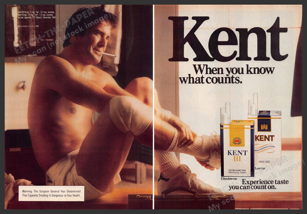 Kent Cigarettes 1980s Print Advertisement (2 page) 1982 Man Workout Gym Fetch-the-Paper