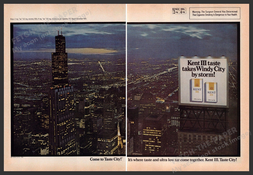 Kent III 1980s Print Advertisement (2 pages) 1982 Sears Tower Chicago Windy City Fetch-the-Paper