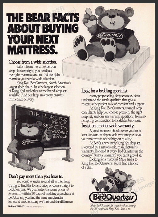 King Koil BedQuarters 1980s Print Advertisement 1987 "The Bear Facts" King Koil BedQuarters