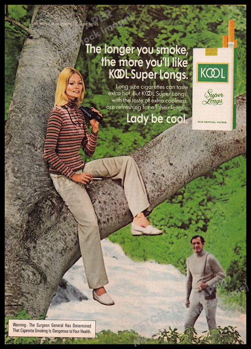 Kool Super Longs 1970s Print Advertisement 1977 Girl Binoculars In a Tree Kool Super Longs