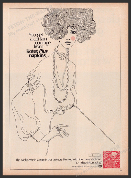Kotex Plus Napkins 1960s Print Advertisement Ad 1969 Illustration Courage Fetch the Paper!