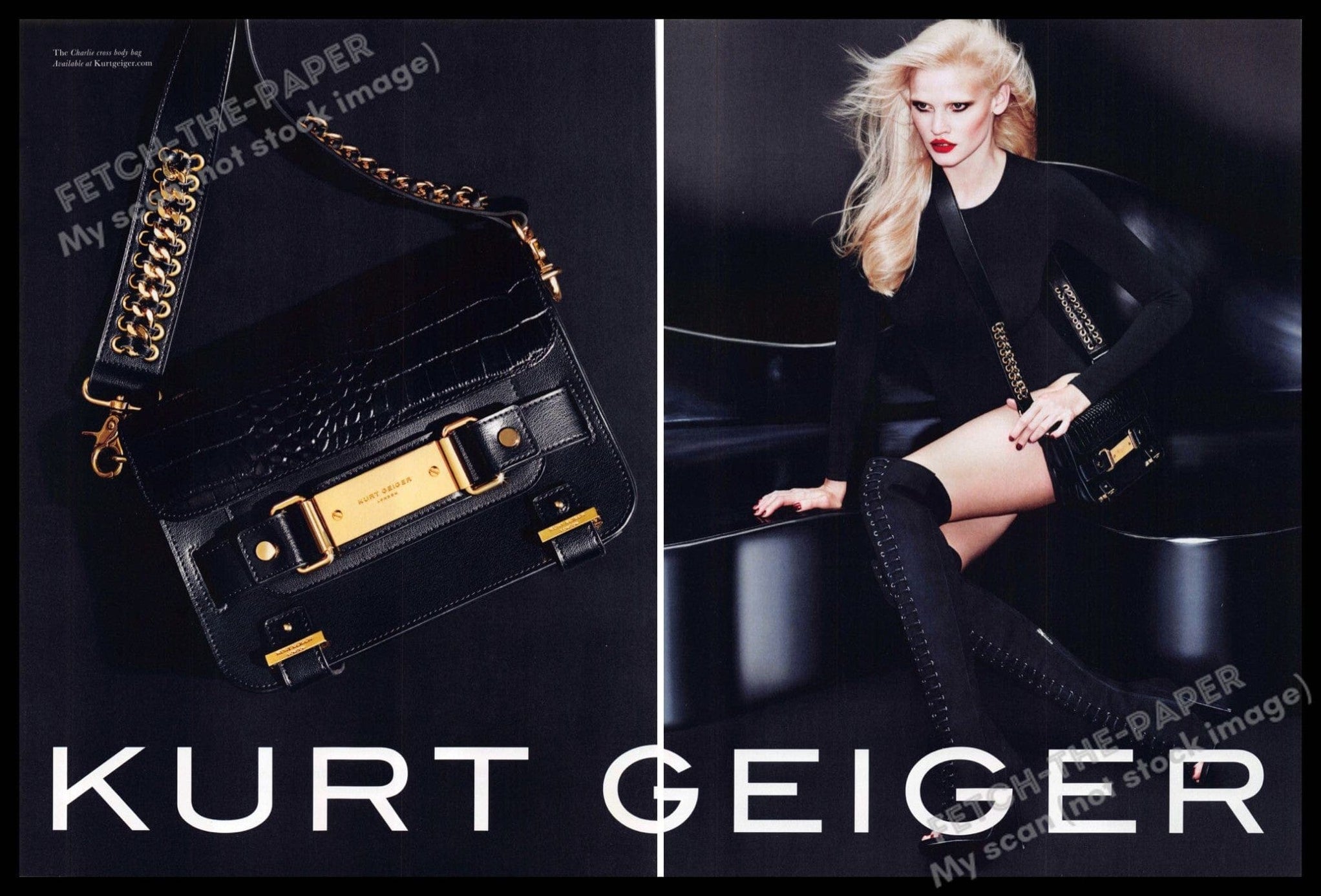 Kurt Geiger 2015 Ad: Lara Stone, Black Handbag, Long Legs — Fetch-the-Paper