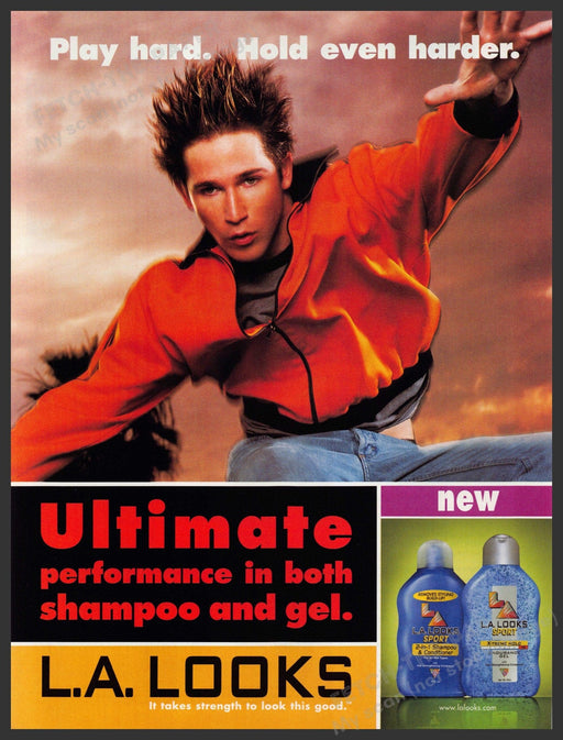 L.A. Looks Hair 2000s Print Advertisement 2002 Jumping Guy Play Hard Hold Harder Fetch-the-Paper