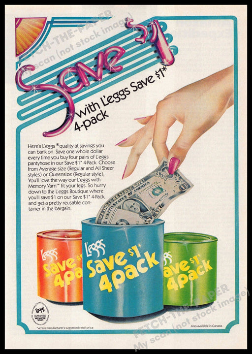 L'eggs 1970s Magazine Print Ad 1976 Pantyhose Hosiery Save $1 4 pack L'eggs