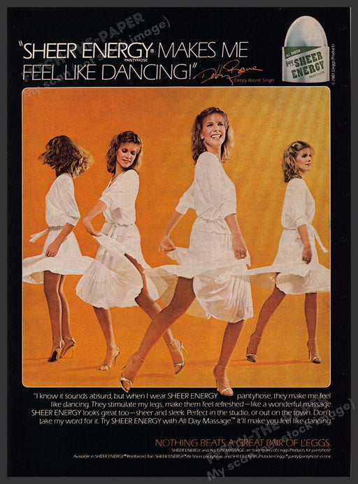 L'eggs 1980s Magazine Print Advertisement 1981 Legs Debby Boone Sheer Energy Fetch-the-Paper