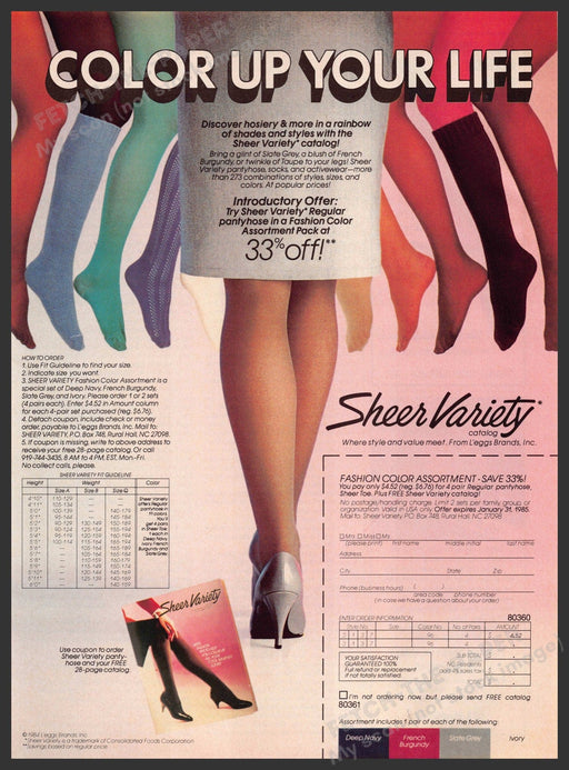 L'eggs Sheer Variety 1980s Print Advertisement 1984 Legs "Color up your life" L'eggs