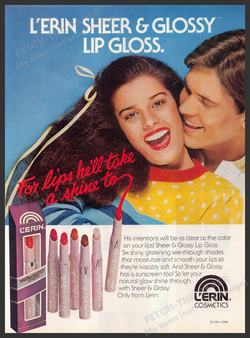 L'erin Cosmetics 1980s Print Advertisement 1981 Lip Gloss Young Couple Fetch-the-Paper