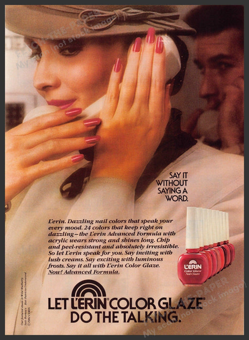 L'ern Nail Polish 1980s Print Advertisement 1982 Color Glaze Talking on Phone Fetch-the-Paper
