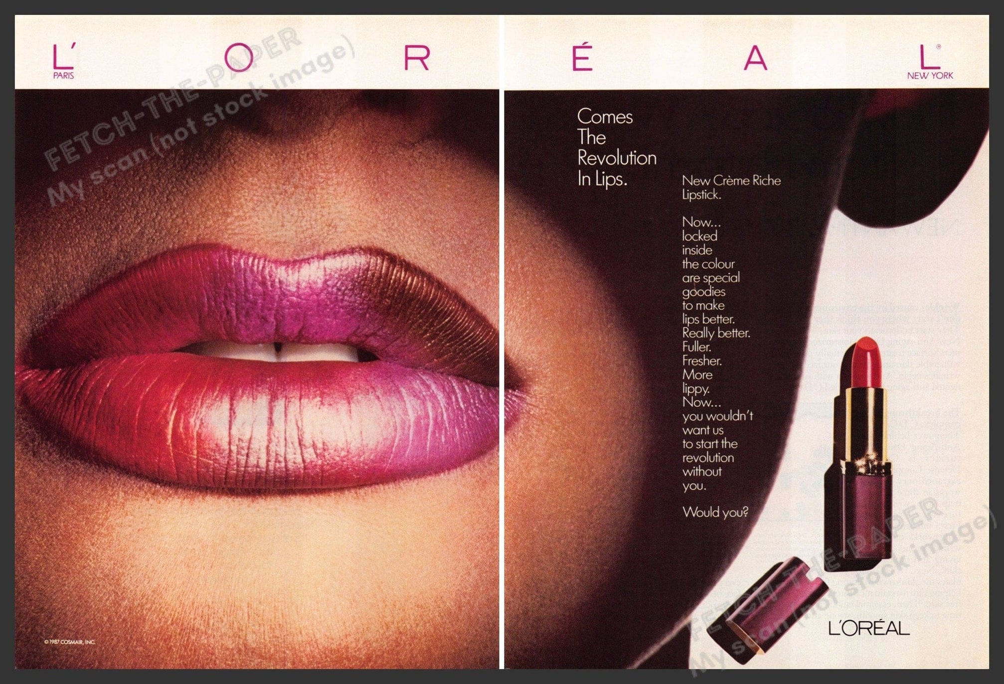 L'Oreal 1980s Magazine Print Ad (2 pages) 1987 The Revolution in Lips ...