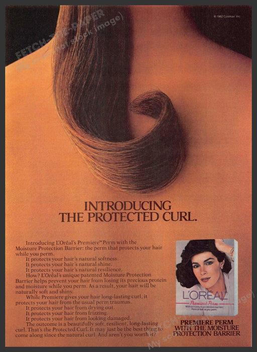 L'Oreal Premiere Perm 1980s Print Advertisement 1982 Bare Back Hair Curl Fetch-the-Paper
