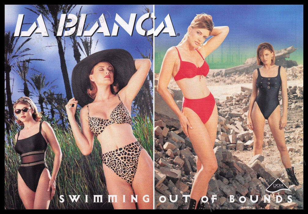 La Blanca Swimwear 1990s Print Advertisement (2 pgs) 1996 Swimming Out of Bounds Fetch the Paper!