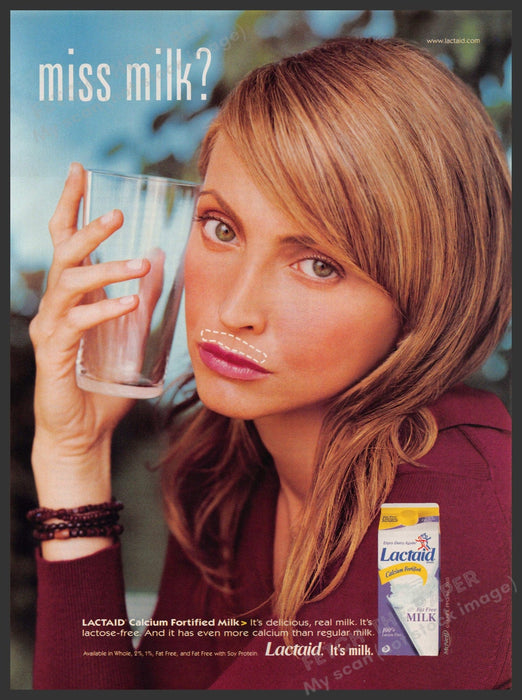 Lactaid "Miss Milk?" 2000s Print Advertisement 2003 Sad Girl No Mustache Fetch-the-Paper