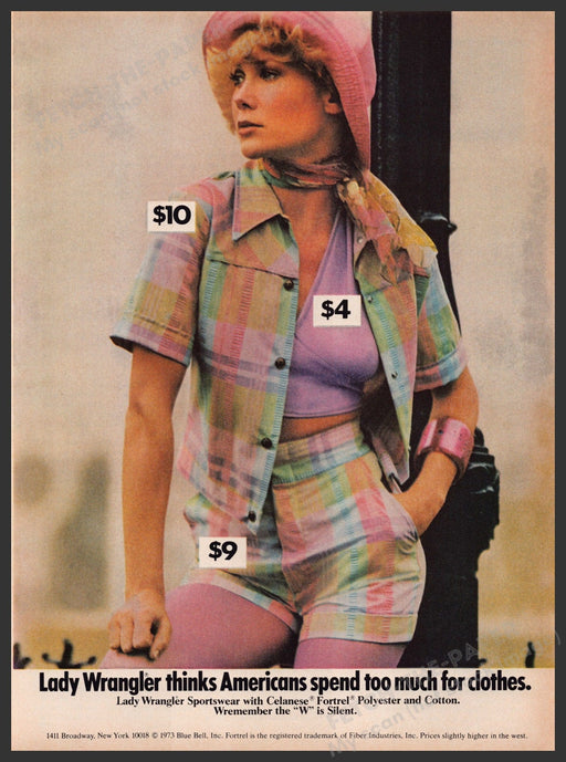 Lady Wrangler Clothing 1970s Print Advertisement Ad 1973 Pastel Girl Legs Fetch the Paper!