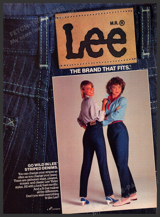 Lee Jeans 1980s Print Advertisement 1984 Striped Denim Ladies Brand that Fits Fetch-the-Paper
