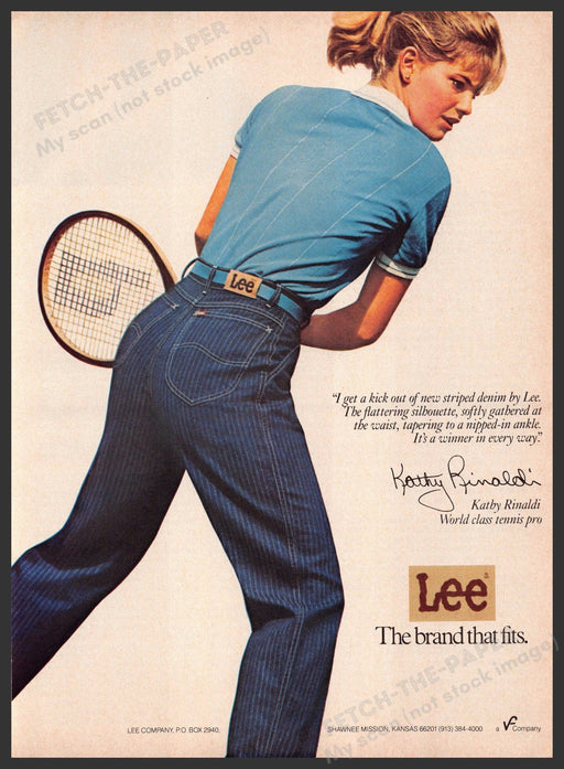 Lee Jeans Kathy Rinaldi 1980s Print Advertisement 1983 Tennis Legs Fetch-the-Paper