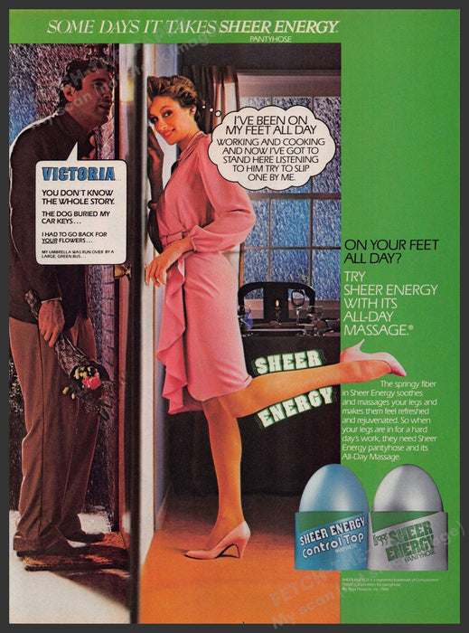 Legg's Sheer Energy Pantyhose 1980s Print Advertisement 1984 Door On Feet Fetch-the-Paper