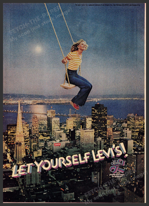 Let Yourself Levi's 1970s Print Advertisement 1977 San Francisco Girl Swinging Fetch-the-Paper