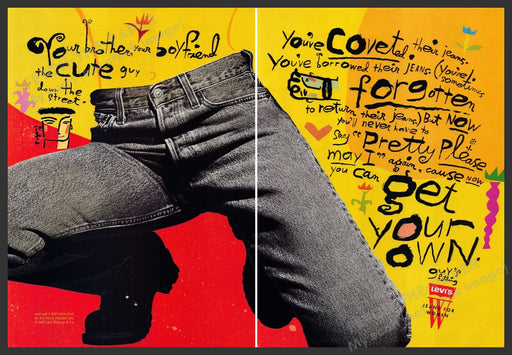 Levi's Jeans for Women 1990s Print Advertisement (2 page) 1995 Boyfriend Color Fetch the Paper!