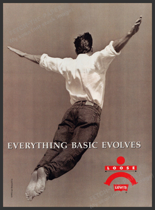 Levi's Loose Jeans 1990s Print Advertisement 1992 Guy Jumping Evolves Fetch-the-Paper