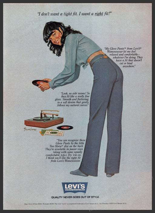 Levi's Womenswear Jeans 1970s Print Advertisement 1979 Record Player Fetch-the-Paper
