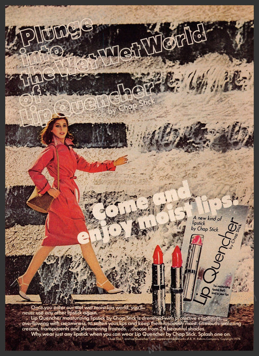 Lip Quencher 1970s Print Advertisement 1976 Legs Wall of Water Fetch-the-Paper
