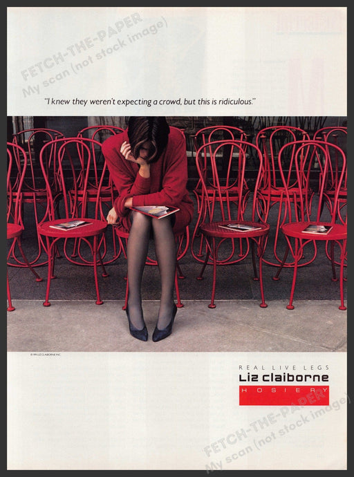 Liz Claiborne Hosiery 1990s Print Advertisement Ad 1991 Legs Red Chairs Fetch-the-Paper