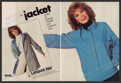 London Fog "The Jacket" 1980s Print Advertisement (2 page) 1985 Stefanie Powers Fetch-the-Paper