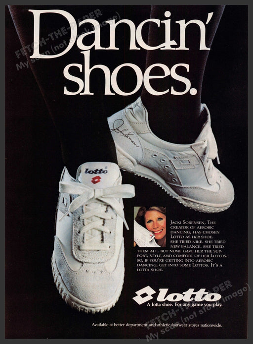 Lotto Shoes 1980s Print Advertisement 1983 Dancing Jacki Sorensen Fetch-the-Paper