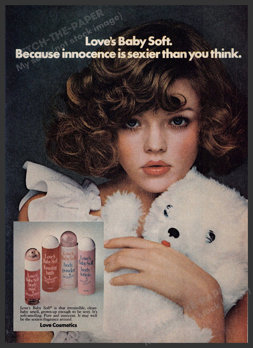 Love Cosmetics 1970s Print Advertisement 1976 Baby Soft Girl with Teddy Bear Fetch-the-Paper