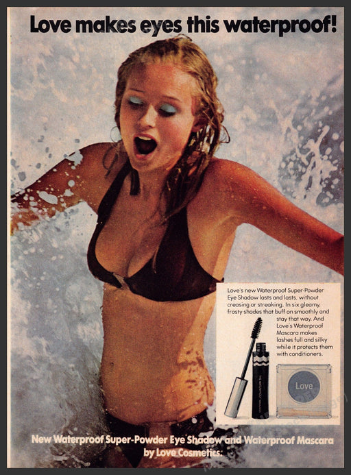Love Cosmetics 1970s Print Advertisement 1976 Girl Splashing in the Ocean Fetch-the-Paper