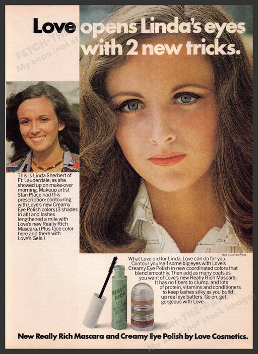 Love Cosmetics 1970s Print Advertisement 1976 Linda 2 New Eye Tricks Fetch-the-Paper