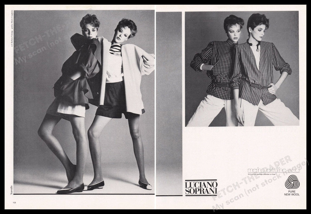 Luciano Soprani Clothing Twins 1980s Print Advertisement (2 pages) 1982 Legs Fetch the Paper!