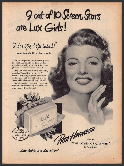Lux Toilet Soap Rita Hayworth Actress 1940s Print Advertisement Ad 1948 Fetch-the-Paper