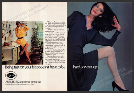 Lycra Fiber Hosiery Pantyhose 1980s Print Advertisement (2 pages) 1981 Legs Fetch-the-Paper