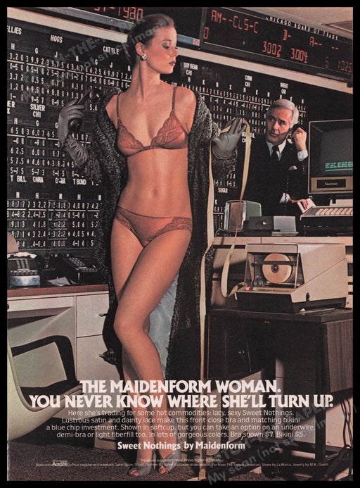 Maidenform Sweet Nothings 1980s Print Advertisement Ad 1980 Stock Exchange Fetch the Paper!