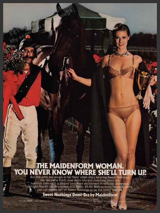 Maidenform Woman Horse Racing 1980s Print Advertisement Ad 1981 Jockey Track Fetch-the-Paper