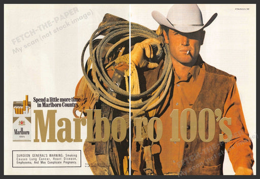 Marlboro 100's 1980s Print Advertisement (2 page) 1989 Cowboy Carrying Saddle Marlboro 100's