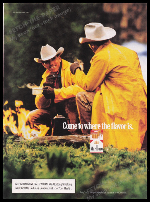 Marlboro Cigarettes 1990s Print Advertisement Ad 1997 Cowboys Coffee Campfire Fetch the Paper!