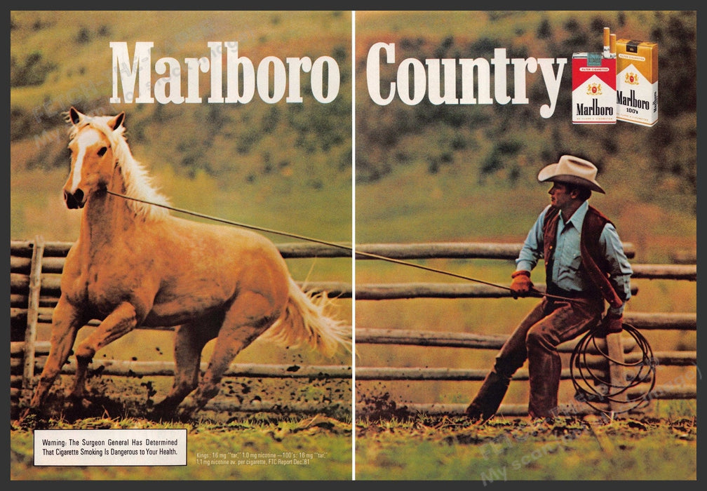 Marlboro Country 1980s Print Advertisement (2 page) 1982 Roping Horse Pen Fetch-the-Paper