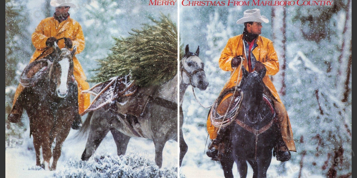 Vintage 1994 Marlboro Country Christmas Ad - Cowboys & Tree