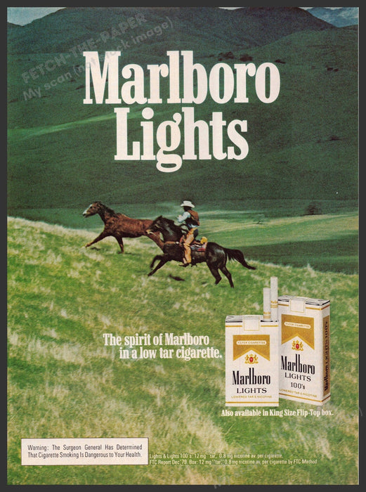 Marlboro Lights 1980s Print Advertisement 1981 Cowboy Chasing Horse Fetch-the-Paper