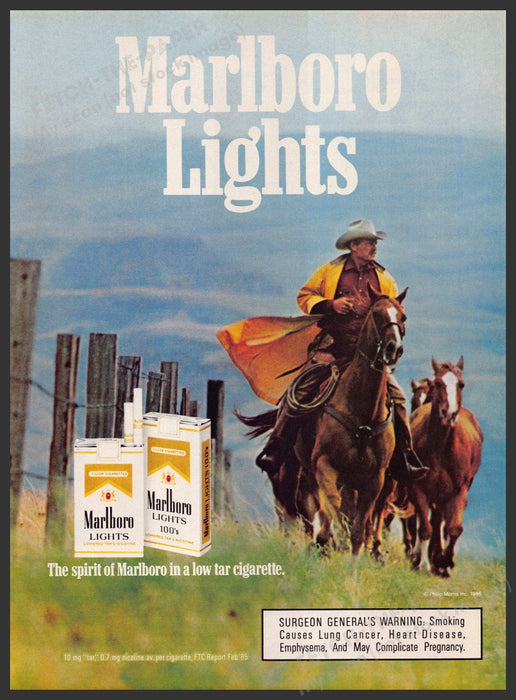 Marlboro Lights 1980s Print Advertisement 1986 Cowboy Herd Riding Along Fence Fetch-the-Paper