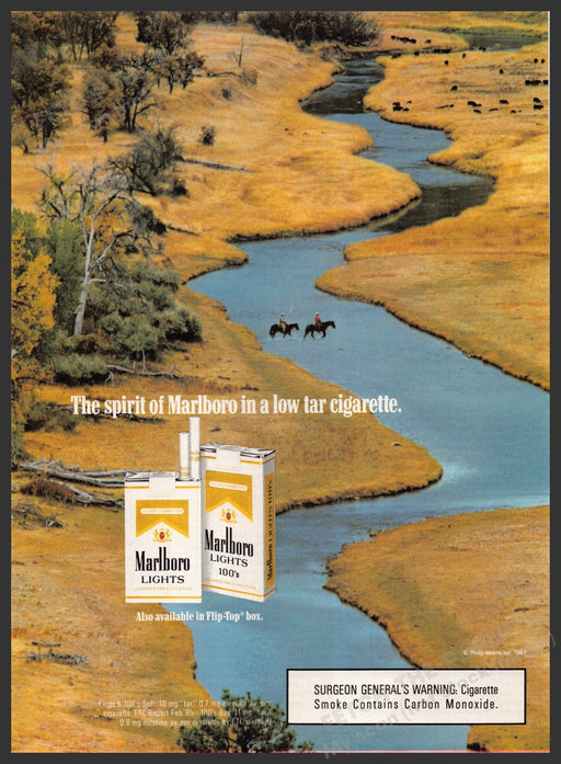 Marlboro Lights 1980s Print Advertisement 1987 Meandering River Horses Marlboro Lights
