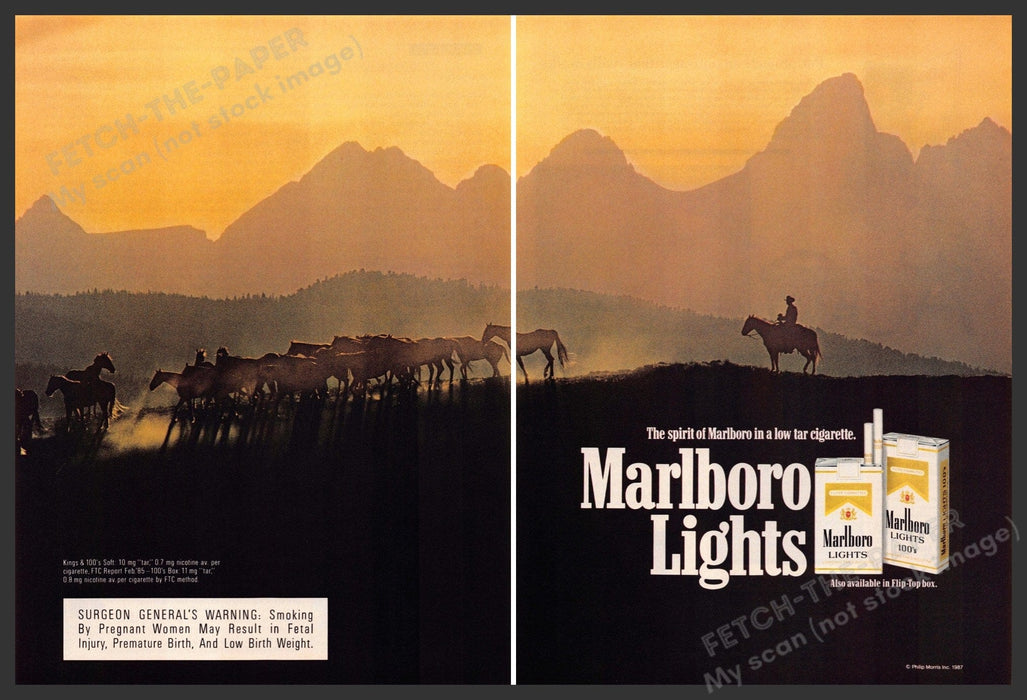 Marlboro Lights 1980s Print Advertisement (2 page) 1987 Mountain Sunset Marlboro