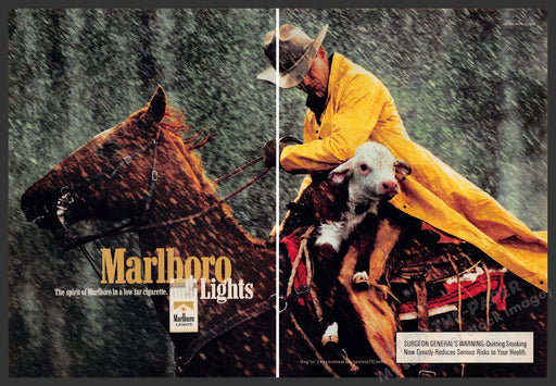 Marlboro Lights 1990s Print Advertisement (2 pages) 1995 Rain Cowboy Calf Rescue Marlboro Lights