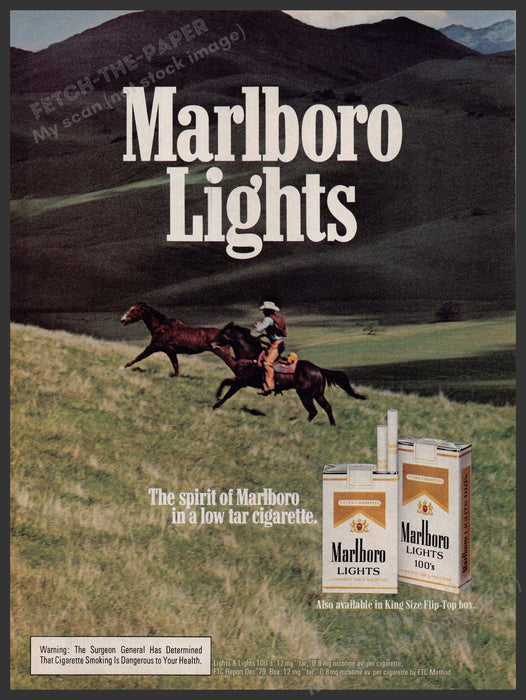 Marlboro Lights Cigarette Cowboy Chasing Horse 1980s Print Advertisement Ad 1981 Fetch-the-Paper