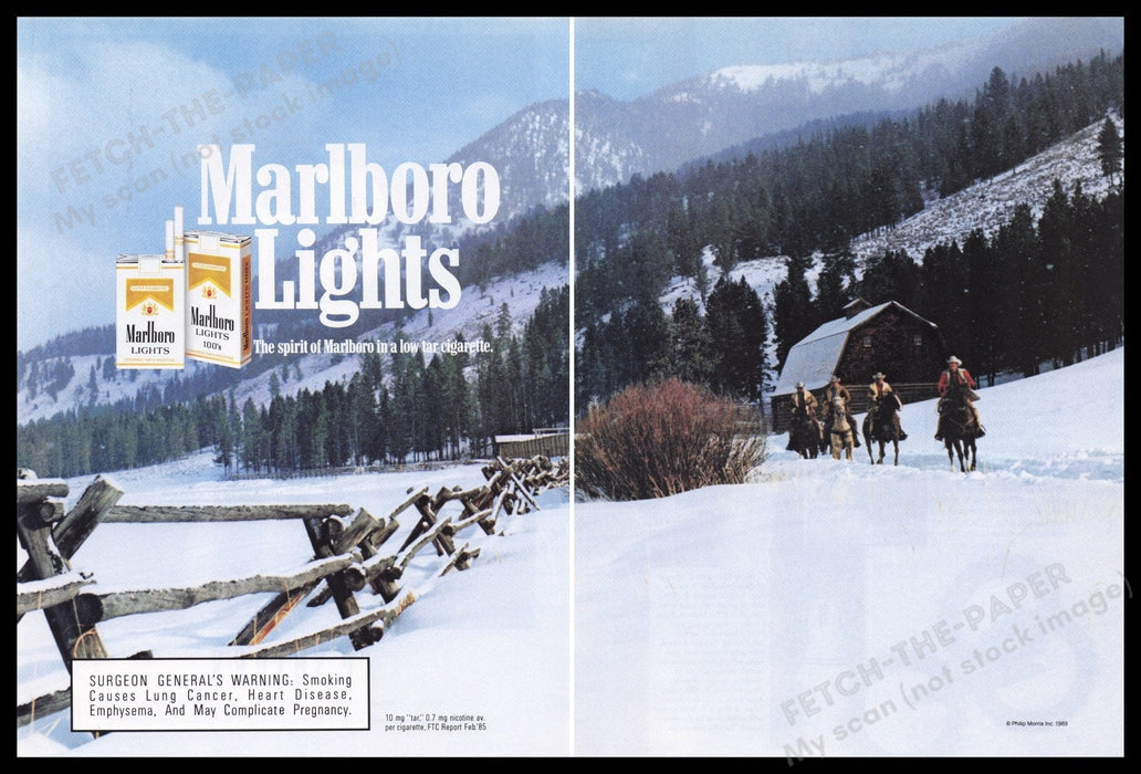 Marlboro Lights Cigarettes 1980s Print Advertisement (2 pages) 1989 Snow Valley Fetch the Paper!